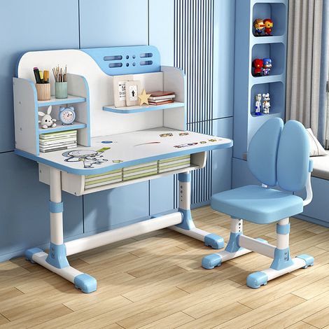 Kinder Schreibtisch und Stuhl Set, Höhenverstellbare Schreibtisch Kinder Studie Tisch und Stuhl set mit Schublade, Kinderschreibtisch Höhenverstellbar, Kinder Studie Schreibtisch - Blau (1/5)