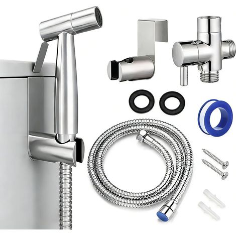 Kit de douchette à main pour bidet-toilette – Acier inoxydable robuste Kit de douchette WC avec support adaptateur en T et tuyau à ressort pour toilettes, animaux domestiques et nettoyage (Acier G1/2) (1/5)
