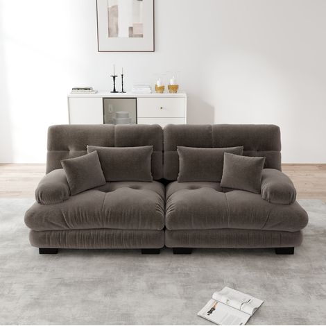 Canapé modulaire en chenille marron avec coussins lombaires et décoratifs (1/5)