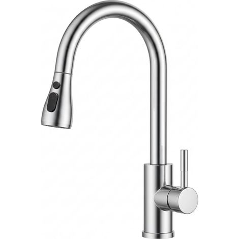 Rubinetto da cucina con doccetta estraibile e girevole a 360° – Miscelatore per lavello da cucina in acciaio inox ad arco alto, rubinetto flessibile con 3 modalità di getto, doccetta estraibile (CROMO (1/5)