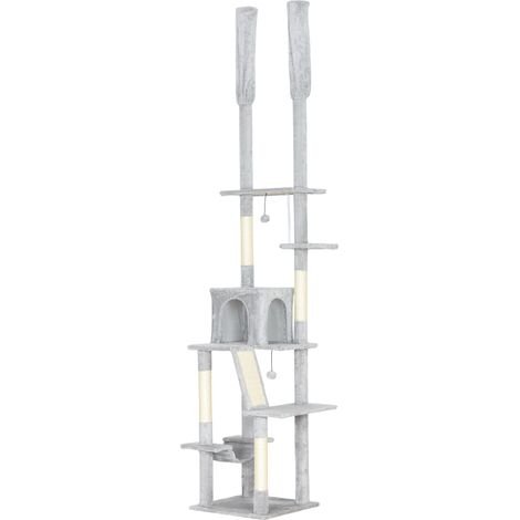 Albero Tiragraffi a Soffitto con Altezza Regolabile 225-255 cm con Casetta e Amaca in Peluche e Sisal Grigio Chiaro