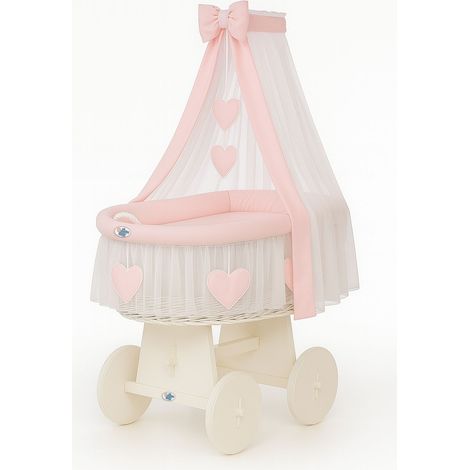 Moisés de mimbre Amelia con dosel - Ropa de cama blanca y rosa (1/4)