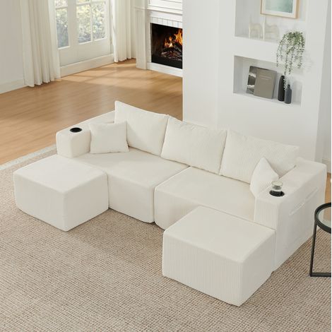 Canapé d’angle modulable 3 places 230x138x75 cm côtelé beige, avec 2 poufs mobiles - CHICFURN (1/5)