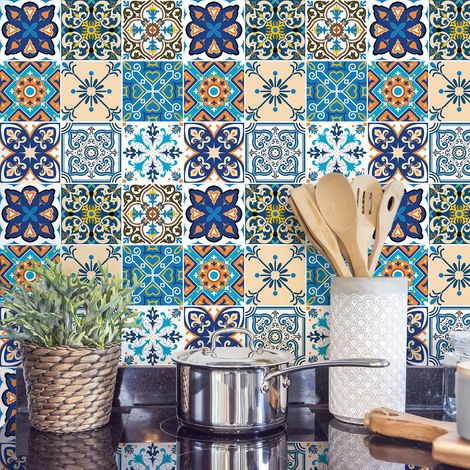 Sticker Mural Carrelage adhésif Cuisine Salle de Bain - 9 STICKERS CARREAUX DE CIMENT CAPRORA - 9stickers15x15cm (1/5)