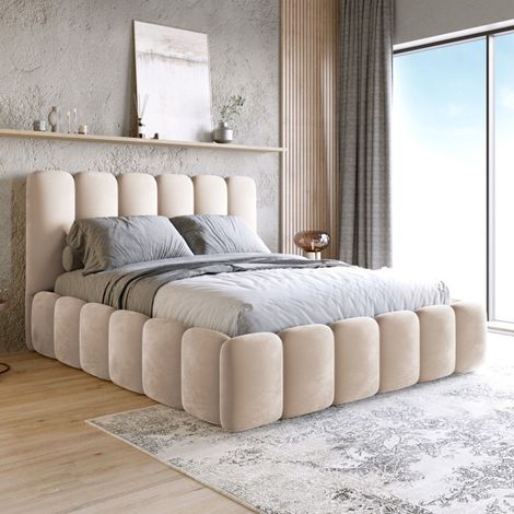 MEUBLER DESIGN Lit En Velours Avec Tête De Lit Matelassée Et Coffre De Rangement Buble - Velours Beige - 180x200, Style , x x cm (1/5)