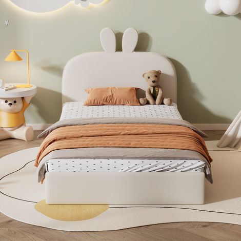 Cama Infantil 90 x 200 cm de Terciopelo con Cabecero de Conejo, Somier de Lamas de Madera, sin Colchón, Beige