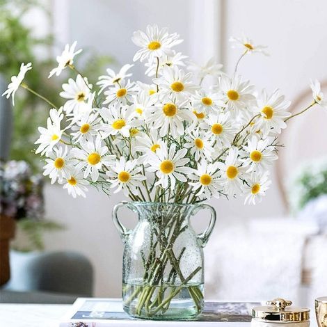 Set mit 10 künstlichen Blumen, Seidengänseblümchen, künstlichen Gerbera-Gänseblümchen für die Heimdekoration, künstliche Gänseblümchen für die Hochzeitsdekoration, Weiß
