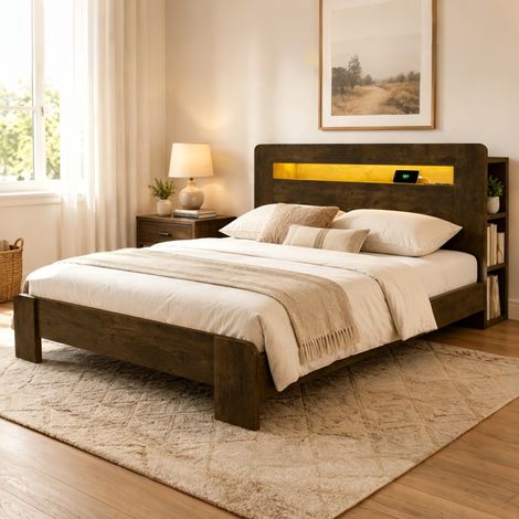 Cama 140x200 cm color madera, madera y MDF con cabecero con almacenaje (1/5)