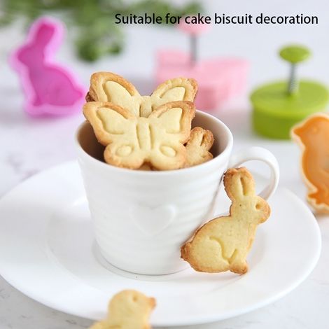 Lot de 4 emporte-pièces en plastique en forme de papillon, lapin et poussin, œuf de Pâques, moule à fondant, biscuits et gâteaux. (1/5)