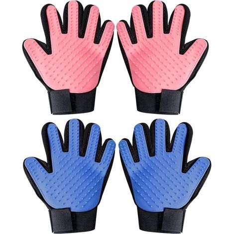 2 pares de guantes para el cuidado de gatos, guantes para cepillar mascotas, guantes para el cuidado de la mano izquierda/derecha para pelo corto y largo, azul claro/rojo - 4 piezas (1/4)