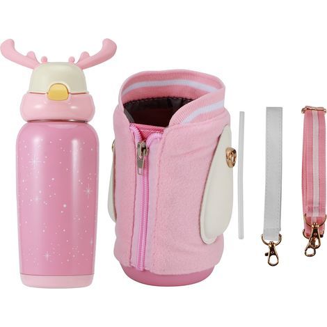 Bouteille isotherme en acier inoxydable pour enfants, 500ml, rose, avec paille, portable et design mignon (1/5)