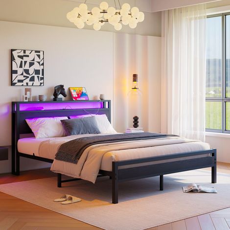 Lit 140x190 cm avec rangement intégré, cadre de lit en métal avec port USB et éclairage LED, lit coffre moderne avec étagère de tête de lit, lit junior/lit d'appoint (1/5)