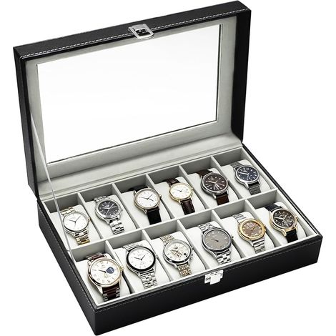 Uhrenbox mit 12 Fächern – Uhrenetui aus PU-Leder mit herausnehmbarem Samtfutter zur Aufbewahrung von Uhren und als Geburtstags-/Weihnachtsgeschenk (1/5)