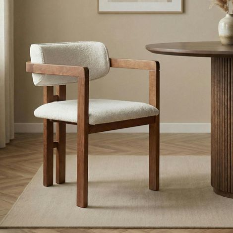 Chaise avec accoudoirs design bois et tissu blanc MARFA (1/5)