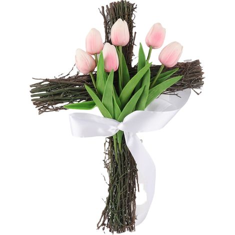 Osterkranz mit Kreuz und Tulpen, dekorativer Frühlingskranz zum Aufhängen für die Haustür (1/2)