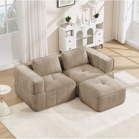 Sofá rinconero modular de 2 plazas con puf, 198 x 162 x 67 cm, poliéster, arena DESVIAE (1/5)
