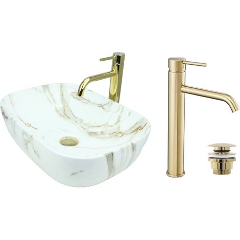 GTM Design Aufsatzwaschbecken 46 cm Glanz Set mit Waschtischbatterie und Stopfen - Aufsatzwaschbecken Oval für Badezimmer - Modernes Waschbecken ohne Hahnloch - Waschbecken mit Armature (1/5)