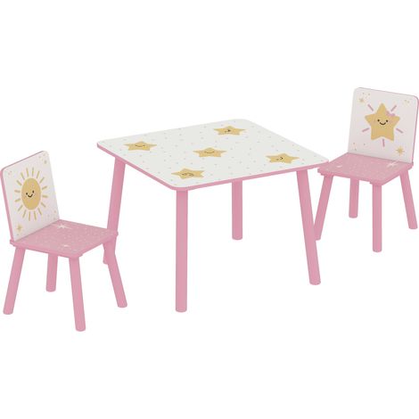Set Tavolino e 2 Sedie per Bambini 3-8 Anni in MDF Fantasia con Animali Rosa