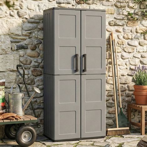 Dmora - Armadio da esterno Arabel, Mobile porta scope multiuso, Armadietto outdoor 2 ante, 100% Made in Italy, Finitura quadri, 68x37h163 cm, Grigio e Nero (1/5)