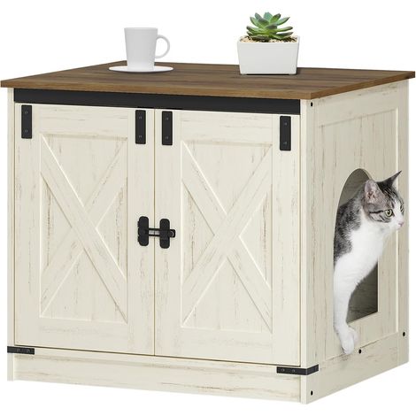 Maison de toilette pour chat – Meuble à litière marron rustique et blanc – Entrée réversible – Dimensions 60 x 50 x 54 cm