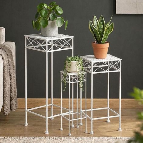 DanDiBo Tabouret pour fleurs Blanc Métal Angulaire Support pour fleurs 96314 Lot de 3 tables d'appoint Colonne pour fleurs Moderne Support pour plantes Tabouret pour plantes (1/5)