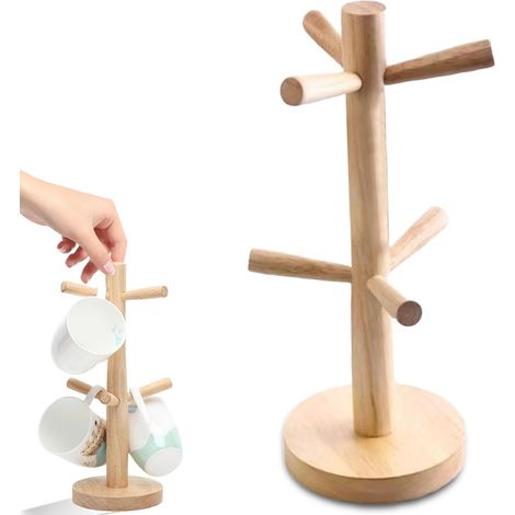 Porte-tasses en bois, porte-bretzel en bambou, porte-tasses avec 6 crochets en bois, porte-bretzel en bois, support à saucisses, étagère à café, porte-gobelet d'arbre pour cuisine (1/5)