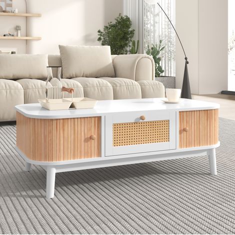 Mesa salón con almacenaje de ratán blanco y madera OKMYHOME (1/5)