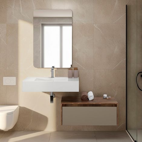 Mobile bagno sospeso 80 cm tortora e tabacco con lavabo sospeso e specchio – Numa (1/5)