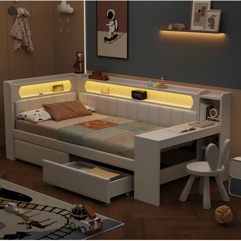 Letto imbottito in MDF e compensato bianco 90x200 cm con scrivania, 2 cassetti, LED e USB (1/5)