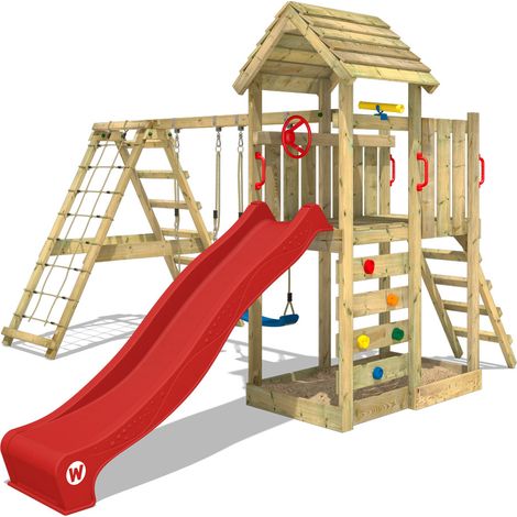 WICKEY Parque infantil de madera RocketFlyer con columpio y tobogán rojo Torre de escalada de exterior con arenero y escalera para niños (1/5)