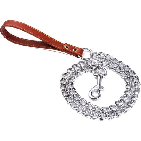 GARRYFIZH Laisse-chaîne dressage chien - Poignée cuir PU couleur café, 2mm x 120cm - Confiance et contrôle
