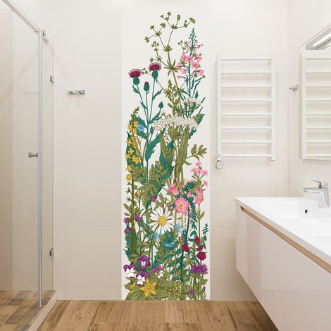 Papier peint intissé panoramique 250 cm X 75 cm, illustration d'une prairie sauvage, fleurs et herbes hautes. (1/2)