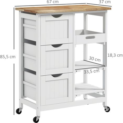 Chariot desserte de cuisine à roulettes plan de travail en bois 3 tiroirs + 1 plateau amovible 67 x 37 x 85,5 cm blanc (1/5)
