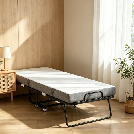 Lit pliable 1 place 200 × 80 cm avec matelas, lit d'appoint portable à roulettes, cadre en acier résistant, lit invité facile à ranger pour chambre et salon (1/5)
