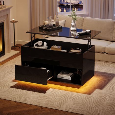 N625P228821823B)Hochglanz-Lift-Teetisch LED Couchtische,KaffeetischWohnzimmertisch, 100x50x55 cm mit LED-Beleuchtung Hydraulischer Lift und Stauraum auf mehreren Ebenen Schwarz