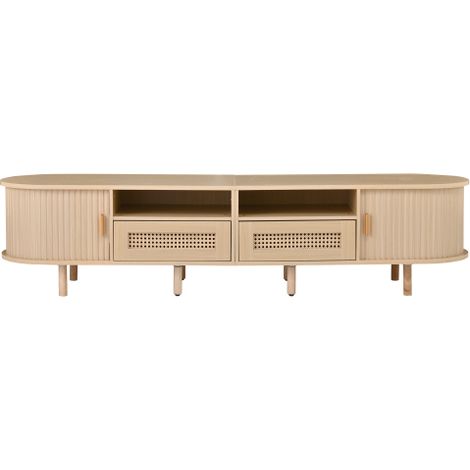Meuble TV 170 cm ovale bois rotin tiroirs portes coulissantes TV 70"