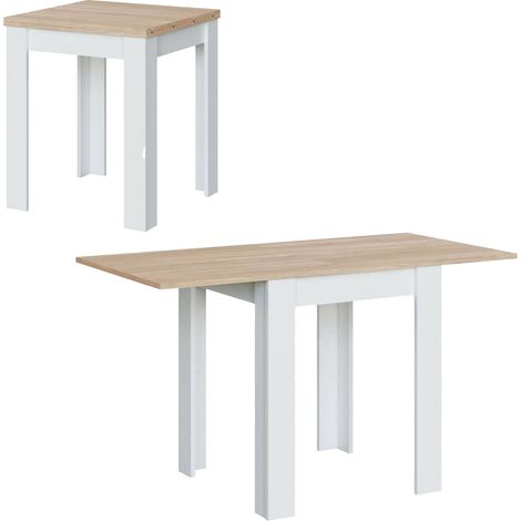 Ausziehbarer Tisch Newark, Klappbarer Esstisch mit Buchöffnung, Klappbarer Hilfstisch, cm 67x67/135h79, Weiß und Eiche (1/5)