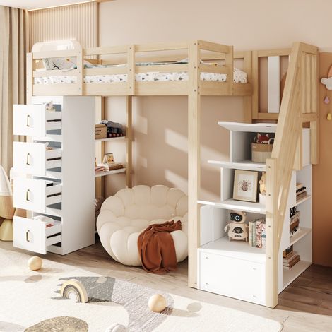 Letto a soppalco con cassetti in legno 90x200 OKMYHOME (1/5)