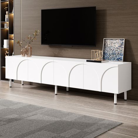 Meuble TV moderne 180x35x49 cm - Design incurvé 3D - Meuble bas 4 portes - Pieds en métal - MDF + panneaux de particules - Blanc