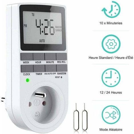 Prise Programmable Digitale, Minuterie Numérique Hebdomadaire avec Ecran LCD, Minuterie Prise Electrique 12H/24H/7Jours, Économie d'Energie Pour L'électroménagers et L'éclairage (1 Pack)
