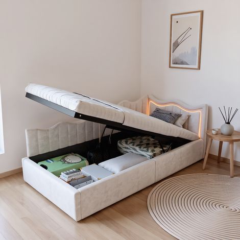 Polsterbett Schlafsofa 90x200 mit LED-Licht, Einzelbett mit Hydraulischem Stauraum, Tagesbett Jugendbett mit Kopfteil und Lattenrost, Velour Beige, Ohne Matratze