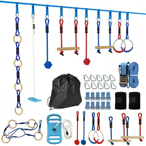 Ninja-Parcours für Kinder, 10 m, komplettes Seilrutschen-Set, Tragfähigkeit 100 kg, einfach zu montieren, mehrfarbig, Outdoor-Spiel, Abenteuersport, robuste Ausrüstung.