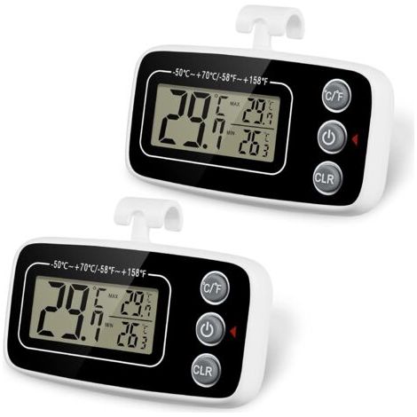 Termometro per frigorifero, confezione da 2, termometro per congelatore impermeabile con gancio, funzione di registrazione della temperatura massima e minima, display LCD di facile lettura, ideale per (1/5)