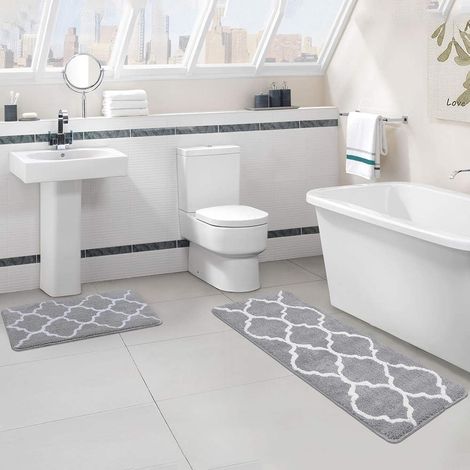 Tapis de salle de bain en flanelle avec motif géométrique de fleur de couronne, cuisine et chambre à coucher, tapis antidérapant, tapis de toilette antidérapant 2 pièces (gris) (1/5)