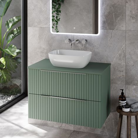 Helix 460 Fluted Satin Green 800mm Wall Mounted 2 Drawer Vanity Unit for Countertop Basins