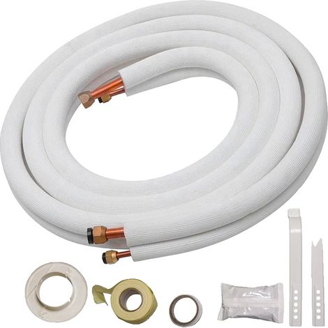 Tubo aislado de 5 metros de longitud, de 1/4" y 3/8" de diámetro, apto para sistemas de aire acondicionado, con extremos abocinados e incluye accesorios de montaje.