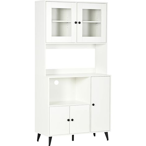 Mobile da cucina con 3 ante, nicchie, ripiani regolabili, ante in vetro, sistema di gestione dei cavi, 90x40x180 cm, bianco