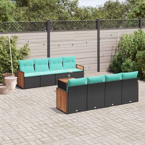 vidaXL Conjunto de sofá de jardín de 9 piezas con cojines, de poliratán negro (1/5)