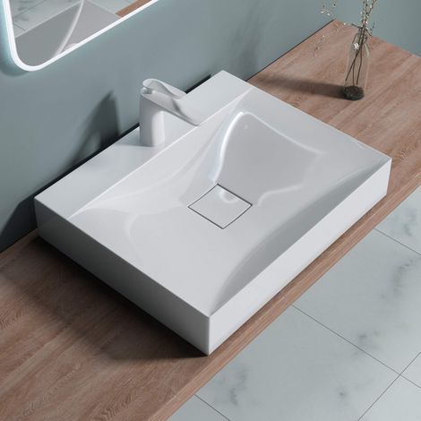 doporro Lavabo da Appoggio o Sospeso Rettangolare Lavandino Bagno con Foro per Rubinetto e Montaggio a Parete, 60x48x12 cm in Marmoresina Bianco Lucido - Colossum810 (1/5)