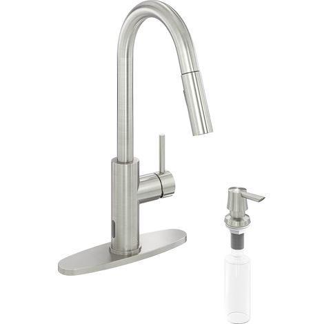 Robinet de cuisine monocommande à montage sur plage, sans contact, avec douchette extractible et poignée unique, finition nickel brossé (plaque de montage incluse) (distributeur de savon inclus) (1/4)
